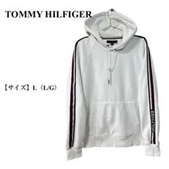 TOMMY HILFIGER パーカー L 白 袖ロゴ ライン フーディ メンズ
