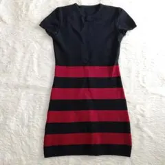 agnes b. 黒と赤のストライプ 半袖ミニワンピース ウール
