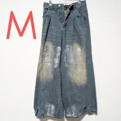 【Spielio】ヴィンテージライク箔プリントワイドデニムパンツ