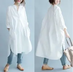 ホワイト シャツワンピース ロング丈 体型カバー