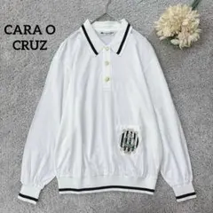 キャラオクルス　長袖ポロシャツ　金ボタン　紺ライン　ロゴ刺繍　コットン　白