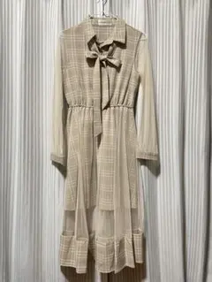 【 pumpkin port 】ワンピース｜チェック柄 リボン ベージュ [M]