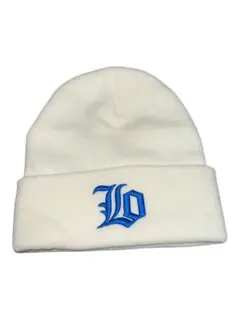 ホワイトニット帽 青色「Lo」ロゴ刺繍