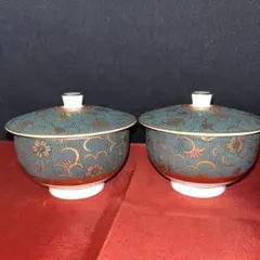 九谷焼　 煎茶椀　湯呑　仙龍窯　青粒鉄仙　花唐草文　美しい金彩　蓋付　2客
