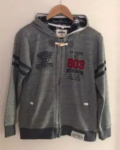 ジップアップ　パーカージャケット/フード付上着　グレー＋チェック　150