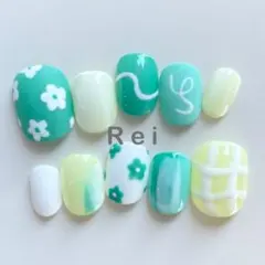 手書きお花ネイルチップ[送料無料]浴衣ネイル緑ネイルカラフルネイル夏ネイル