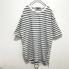 【アクアヒストリー】L/ボーダーTシャツ 半袖 白黒 ゆったり 丸襟 裾ラウンド