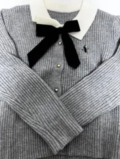 shein 　リブ編みグレーセーター ホワイト襟 黒リボン
