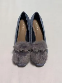 RANDA 未使用 パンプス M ベルベット ファー ビジュー 太ヒール