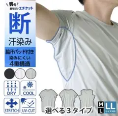 メンズ 汗染み対策 汗取りパッド付 Vネック半袖インナー Tシャツ2枚セットLL