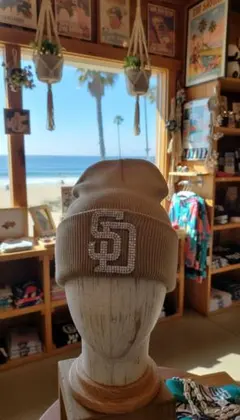 グリッターロゴサンディエゴ・パドレススニット帽ビーニーベージュ