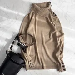 【バーバリー】ハイネックニット　薄手　ノバチェック　ホースロゴ　ウール　茶色