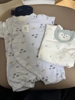 半袖ロンパース 2着セット 汗取りパッド付き ぺんぎん くじら 50-60サイズ