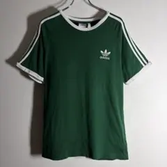 【希少XL】アディダス スリーストライプ Tシャツ 緑 リンガー 刺繍ロゴ