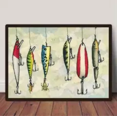 釣りポスター　フィッシング　海　インテリア　アート　ミッドセンチュリー　餌　A3