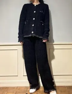 未使用 ジェラートピケロブション上下セットブラックフリーサイズ ギフト 巾着付き