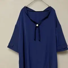 ラ・コンフィー　プルオーバー膝丈ワンピース(F)ネイビーリボンタイコットンパール