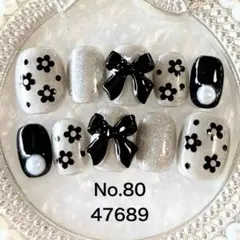 ネイルチップ　ベリーショート　キッズ子供用　フラワー　ブラック　リボン47689