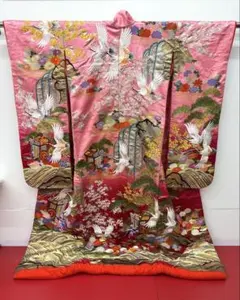 未使用品 婚礼衣装 花嫁衣裳 色打掛 ゴールド～紫 鶴 花 刺繍 ふき保護 
