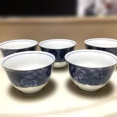【未使用品】煎茶揃　湯呑　藍染唐草　5客セット　共箱付き
