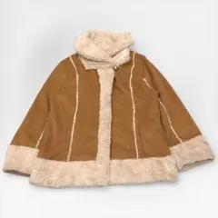 美品 フェイクムートンコート ショート丈 ブラウン キャメル ゆったり 15号