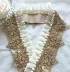 重ね襟・伊達襟・飾り襟 ꕤ ゴールドレース オフホワイトフリル パール