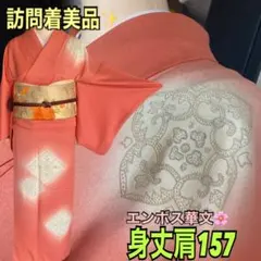 中紅色訪問着美品✨ぼかしに浮き出るエンボスの華紋が個性的！身丈肩157