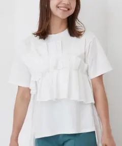 INCEDE 異素材切り替えフリルディテールTシャツ 4L オフ ホワイトのサムネイル