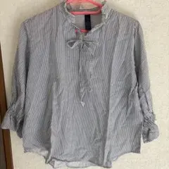 ストライプ柄 フリルネック 七分袖 ブラウス