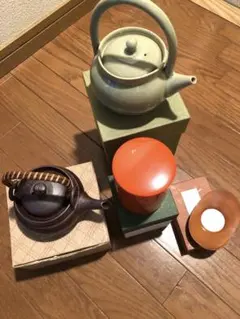 陶器急須2点、茶筒、茶托の4点セット