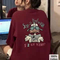 アヒル プリント 半袖Tシャツ バーガンディ