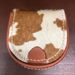手作り仕上げポニー馬毛皮茶白色と牛革(馬丁型)茶色小銭入れ日本製品ホルスタイン柄