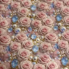 1m極美ピンク薔薇キラキラ宝石羽パール幻想的プリント生地ロココ調ハンドメイド布