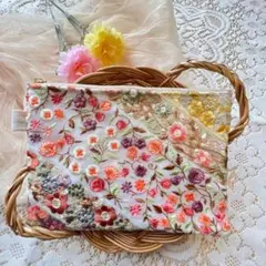 8、インド刺繍リボン ハンドメイド ポーチ 5種類花柄刺繍 小物入れ