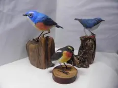 iさん専用　木彫りの鳥　ルリビタキ、コルリ、キビタキ(ミニサイズ)　3点セット