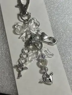 3連 ビーズキーホルダー コレクトブック リボン ハート 天使羽 ハンドメイド