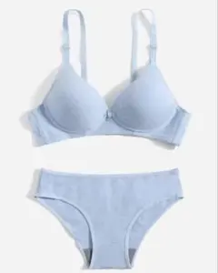 フルカップ 無地柄 ブラショーツセットブルーコットン