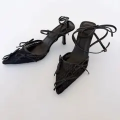 極美品】レネカオヴィラ バックストラップ ビジュー 黒 9.5cm 36.5 