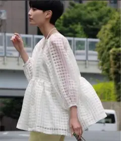 エルフランク【美品】洗える　スクエアネックチェックペプラムブラウス