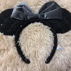 ミッキー耳カチューシャ 黒 リボン付き