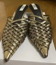 超美品！ZARA☆編み込みデザイン ミュール ゴールド【37size 】
