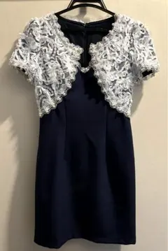 【美品】パールビジュー付き ボレロ風レース タイトワンピースドレス《S》