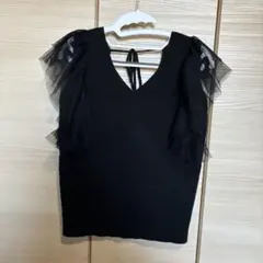 ECLIN フリル付きVネック半袖ニットトップス