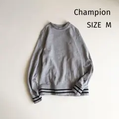 【チャンピオン】ラインリブ クルーネック スウェット グレー M ワッペン