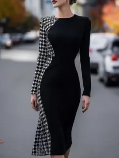 千鳥柄 ロングワンピース ロングドレス ブラック