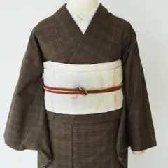 洗える着物 きもの英 色無地 一つ紋 灰茶系 草花地紋 ポリエステル
