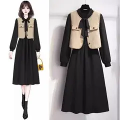 ベスト付きカジュアルドレス（ブラック/ブラウン）