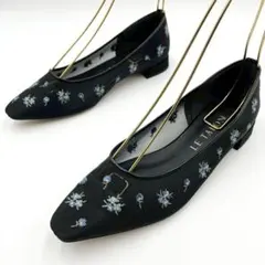 ルタロン パンプス フラワー刺繍 レース フラット 24 ブラック Y1683