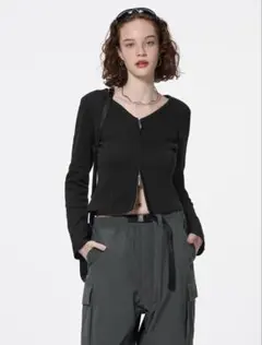 新品未使用◎GU ジーユー　リブダブルジップVネックカーディガン黒　ブラック