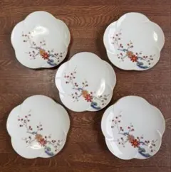 九谷焼 青郊窯 赤絵 椿 深皿揃 5枚セット 中皿 中鉢 白磁 和食器 煮物